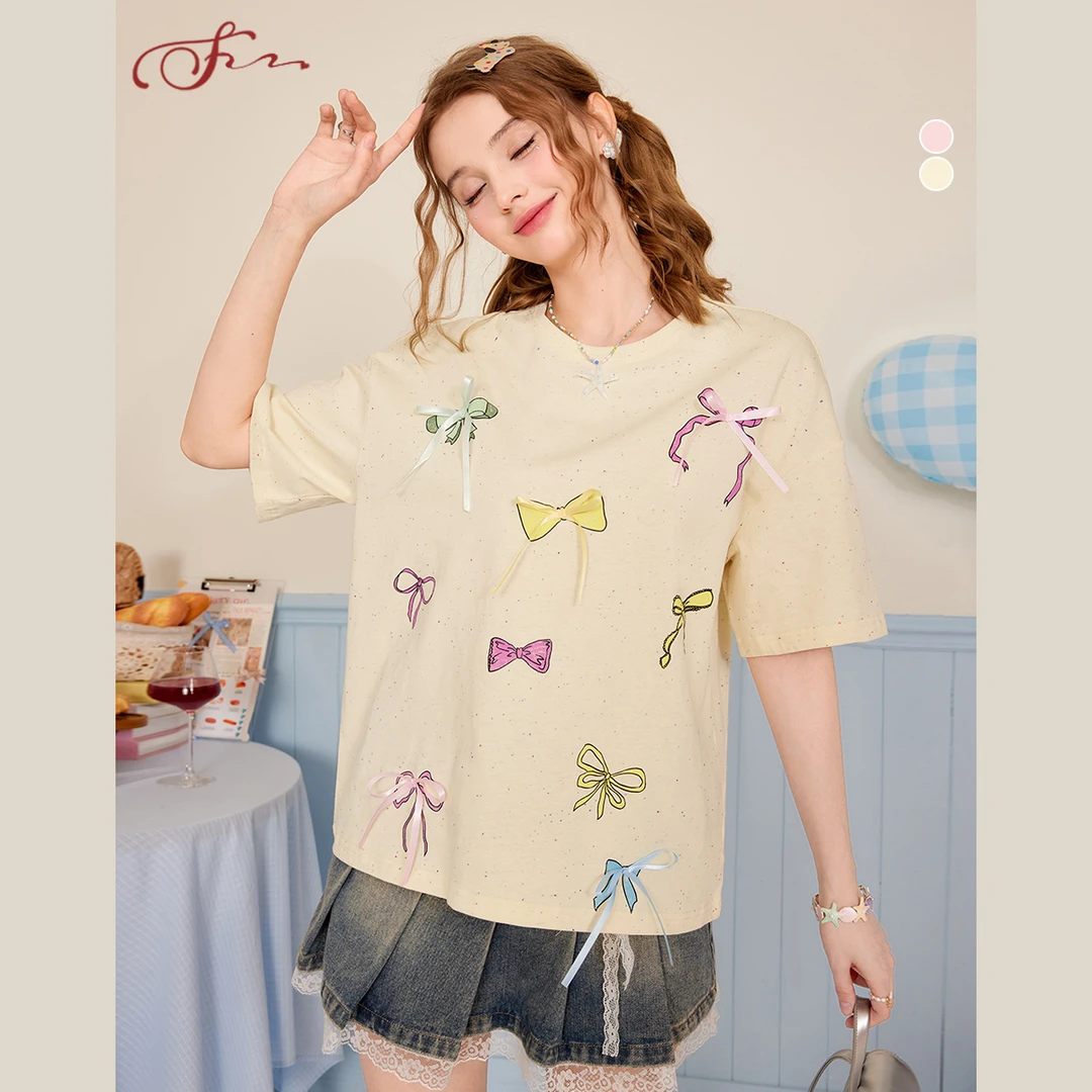 SEENFAAN盛放25年夏季新款立体装饰设计感宽松彩纱T恤女休闲时尚