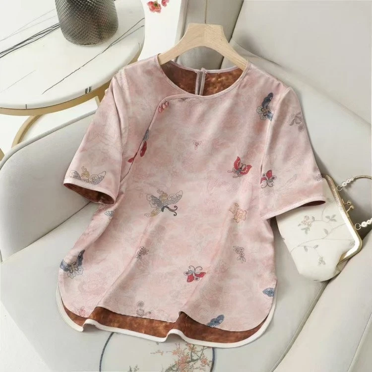 中式短袖常规提花圆领宽松T恤文艺百搭夏季新中式百搭民族风上衣