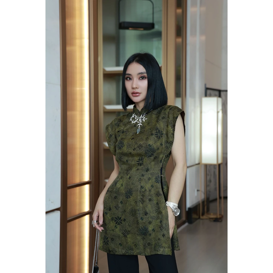 【妙妙精选】HUANGNAJI碧落青-气质时尚优雅修身设计感中式上衣5055