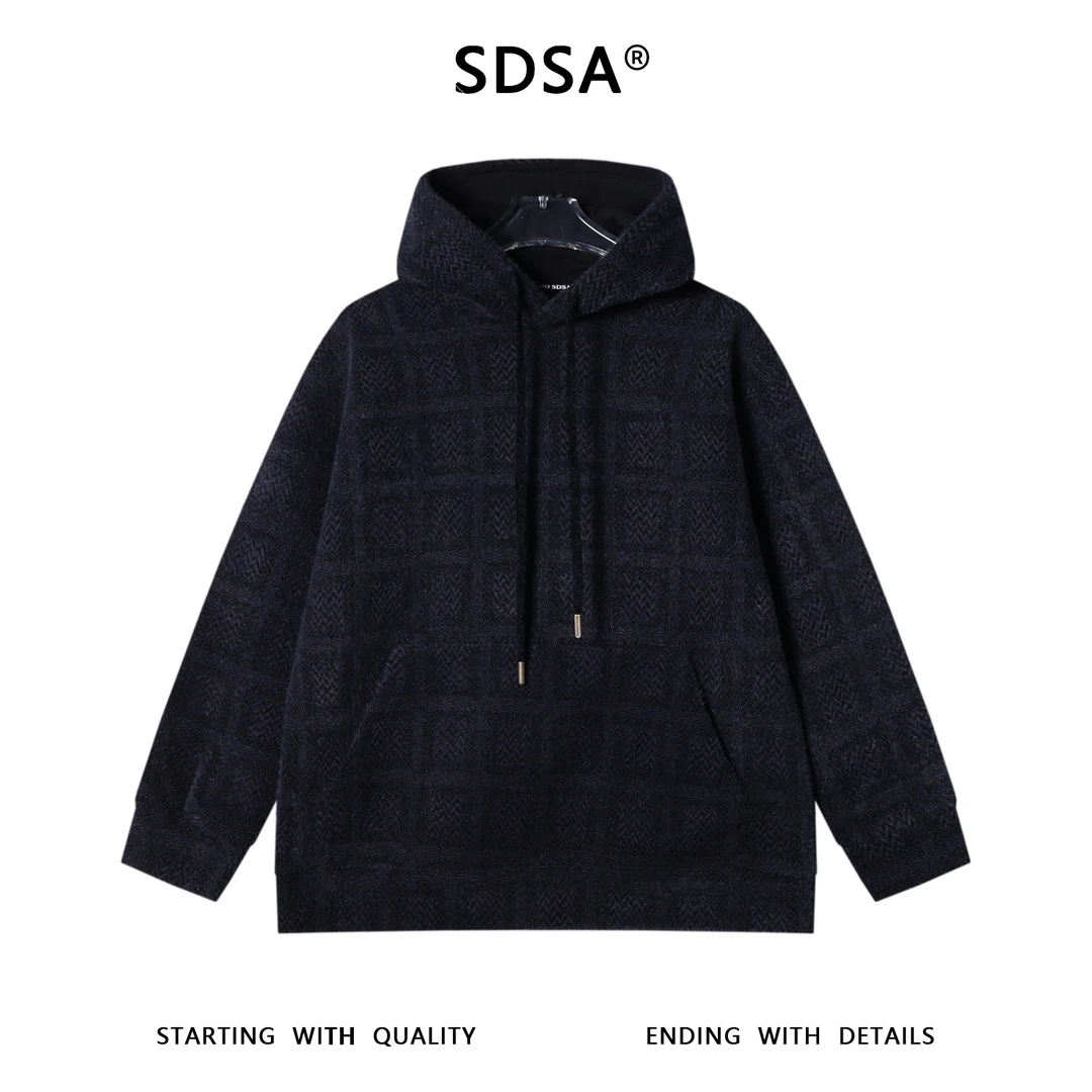 SDSA男士秋冬新款痞帅男装潮流高街撞色绒毛格子抽绳连帽卫衣百搭