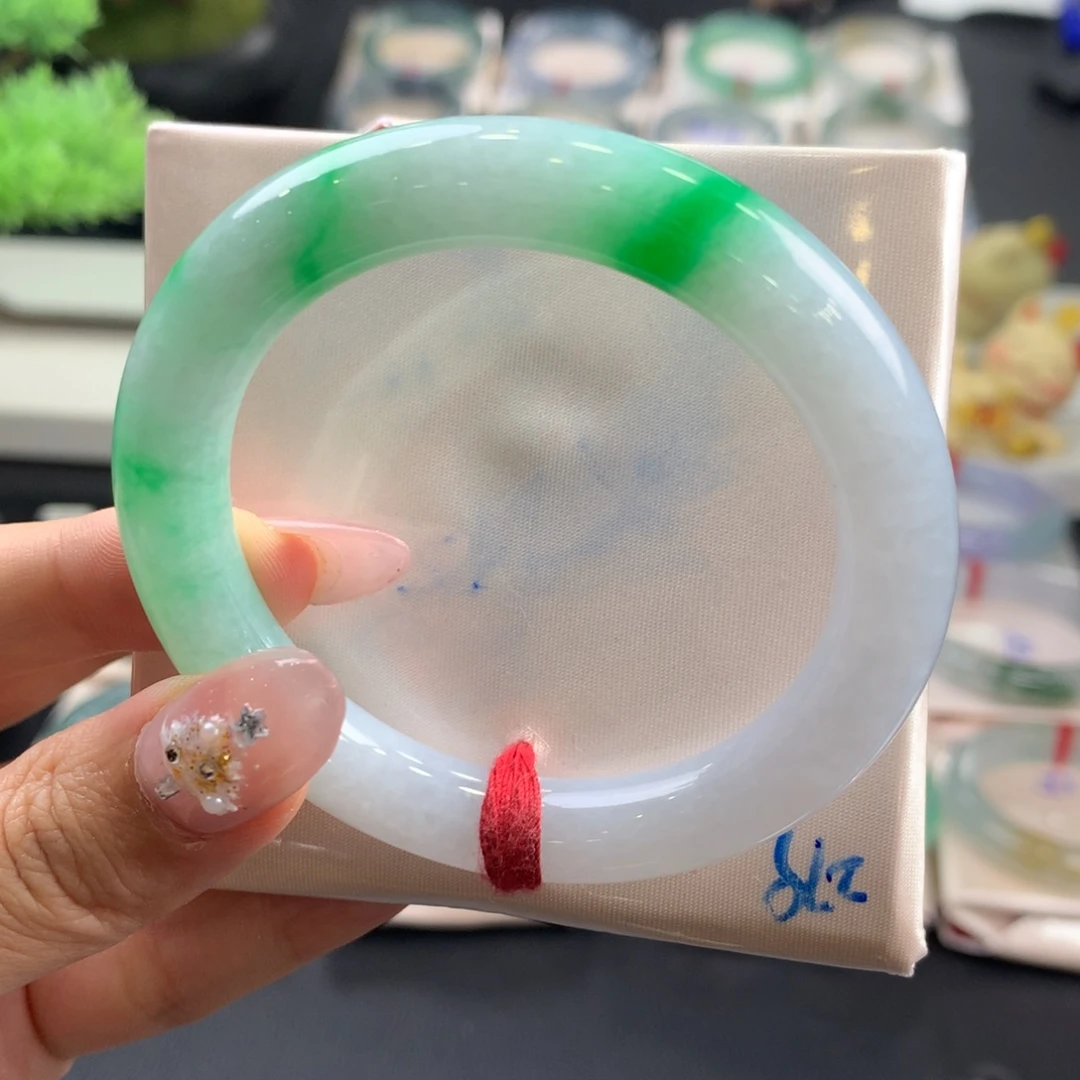 翡翠未镶嵌手镯16号51.2圆条白底青