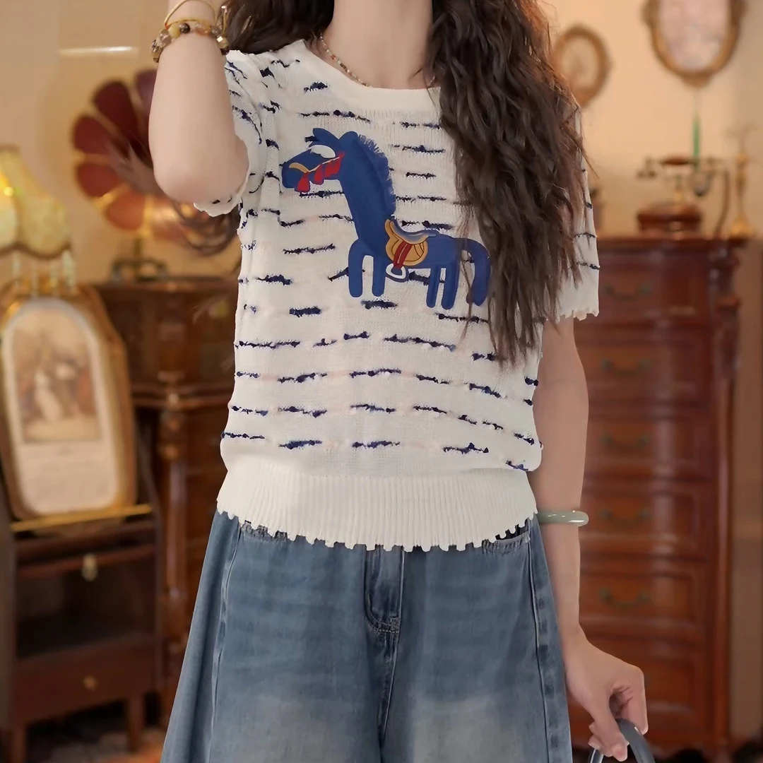 【云间骊影】2025新款复古港风拼接夏季短袖T恤休闲上衣LK2504912