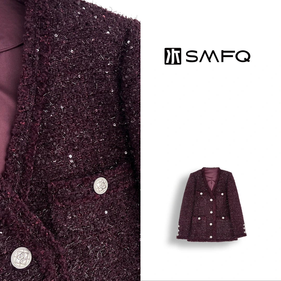 水木夫妻”安可拉红“低调复古粗花呢毛小香风外套SM5474