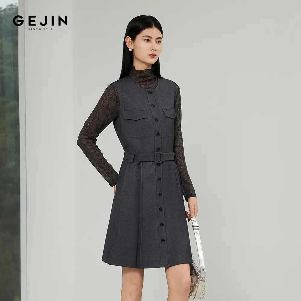 GEJIN/歌锦早秋新款立裁版型优雅复古圆领洋装裙9332550412