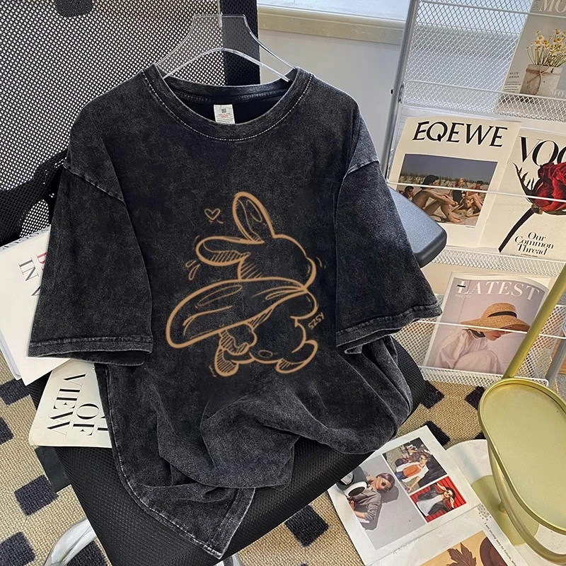 胖mm300斤美式复古潮牌水洗短袖t恤女新款夏季宽松半袖正肩上衣服