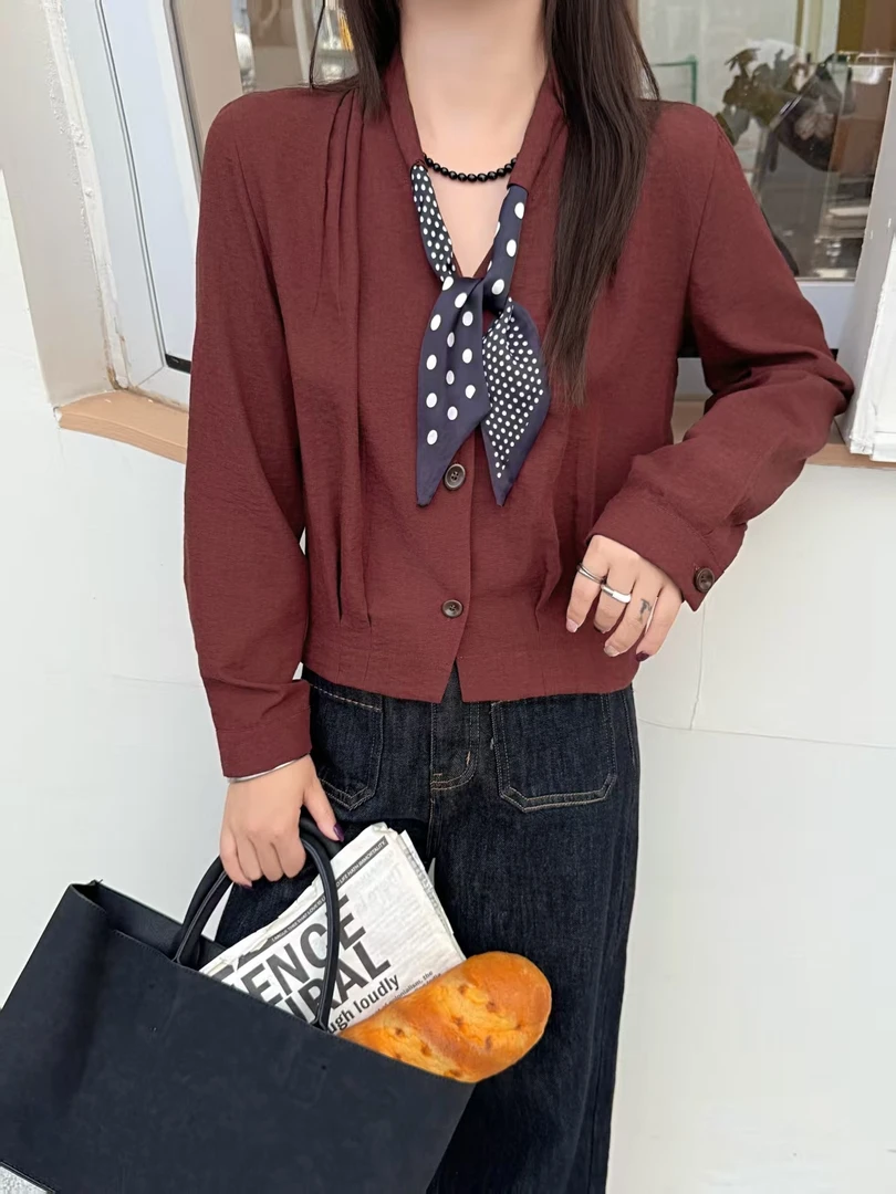 【清货福利】上衣衬衫丝巾短款翻领长袖百搭时尚秋季新款25205