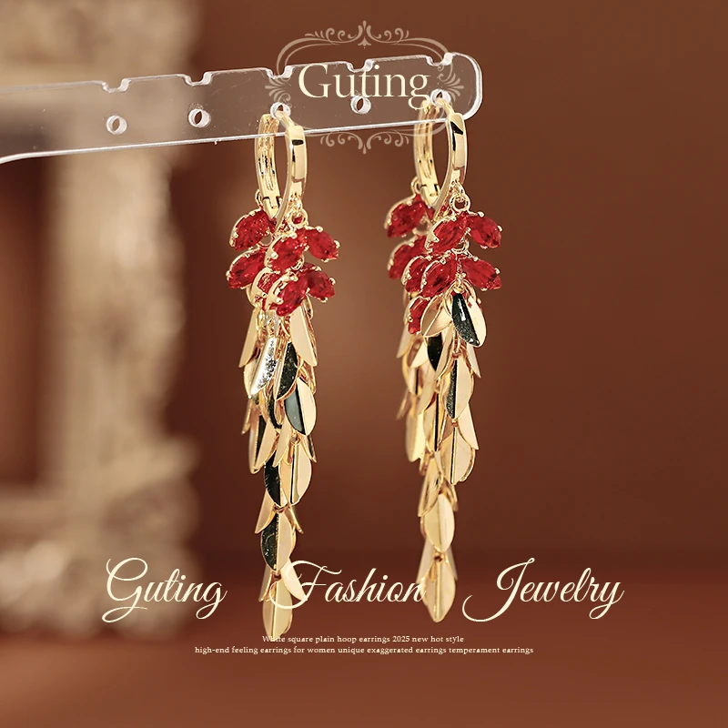 铜合金耳饰 22729金色长款麦穗流苏耳环女耳钉红色耳坠耳饰秋冬