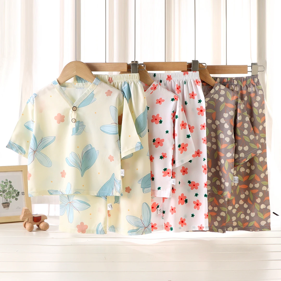 宝宝绵绸套装夏季薄款宽松短袖长裤两件套男女童可爱卡通空调服