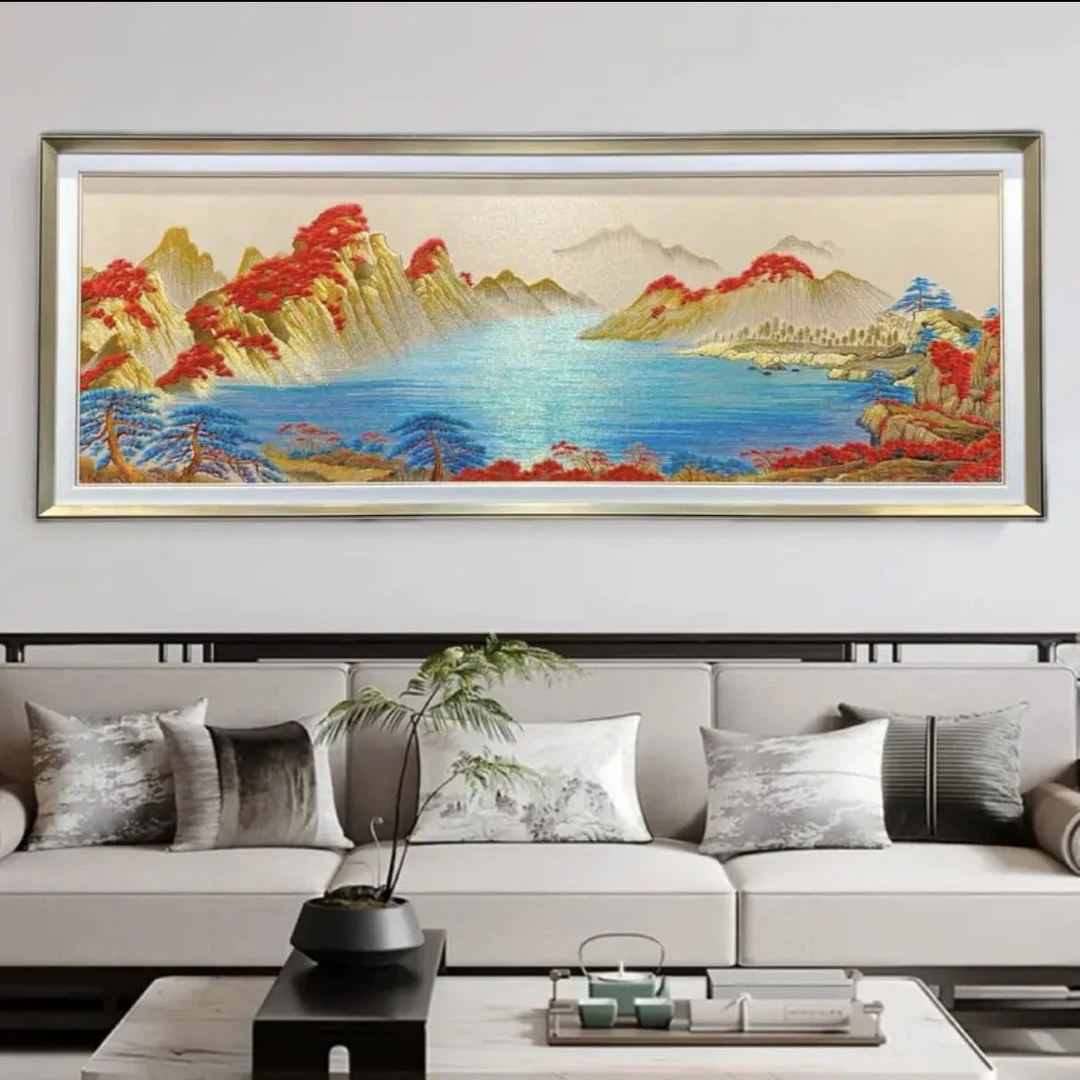 新中式鸿运当头聚宝盆山水风景刺绣挂画客厅沙发背景墙装饰画