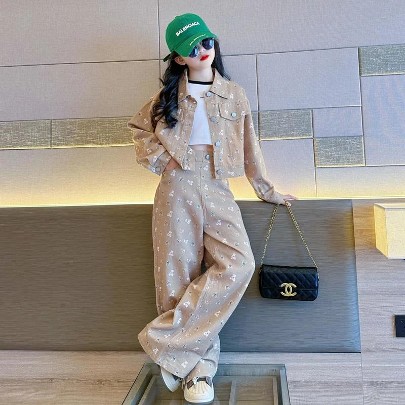 女童春秋款牛仔套装2025新款洋气女大童春装韩版休闲阔腿裤两件套