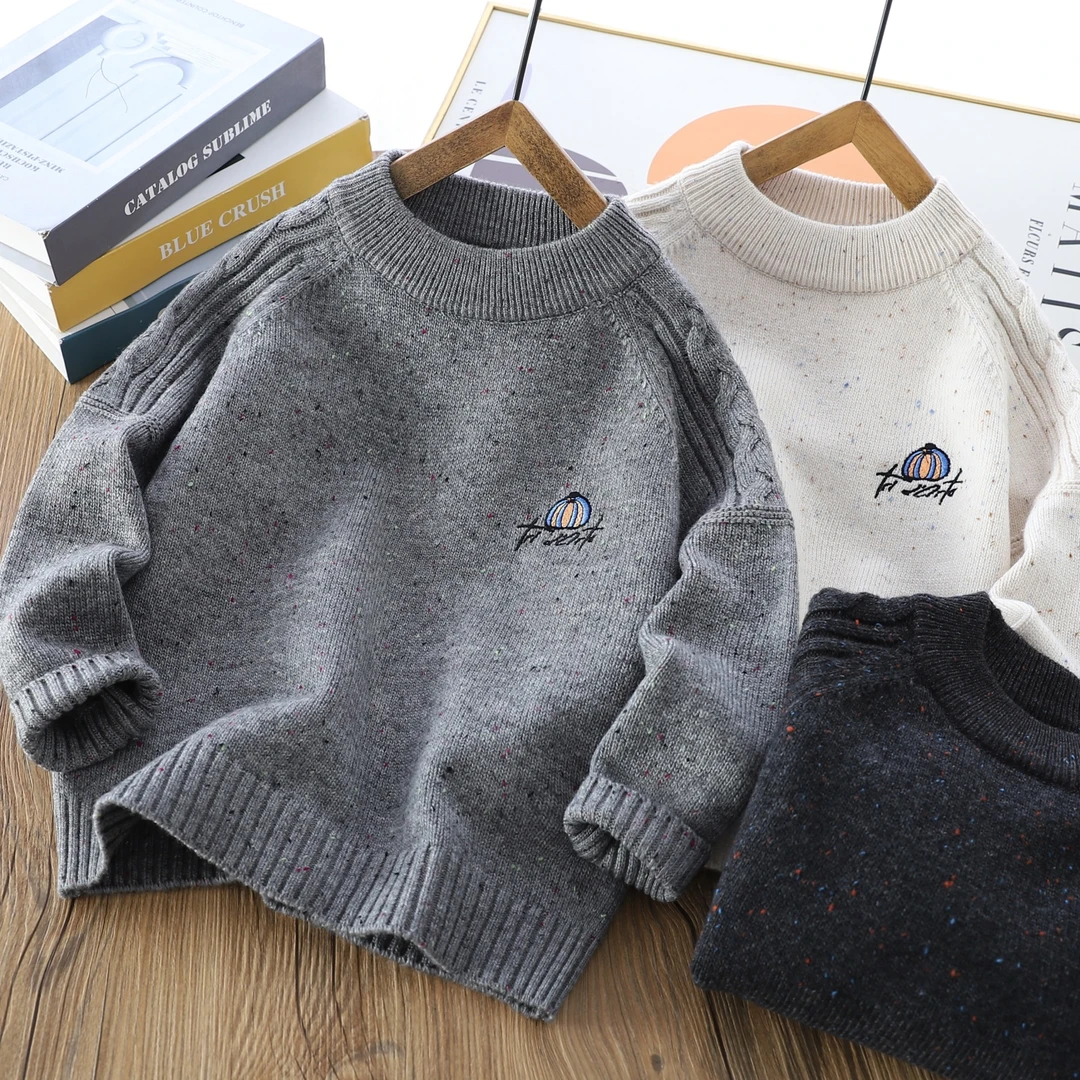 男童洋气插肩加厚圆领毛衣2025冬季儿童点子花纱中大童百搭针织衫