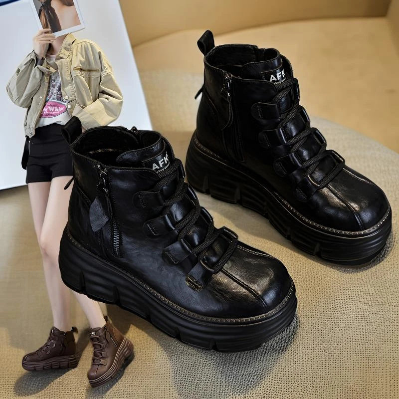 内增高8cm厚底真皮短靴女款ins韩版不累脚加绒马丁靴2025秋冬爆款