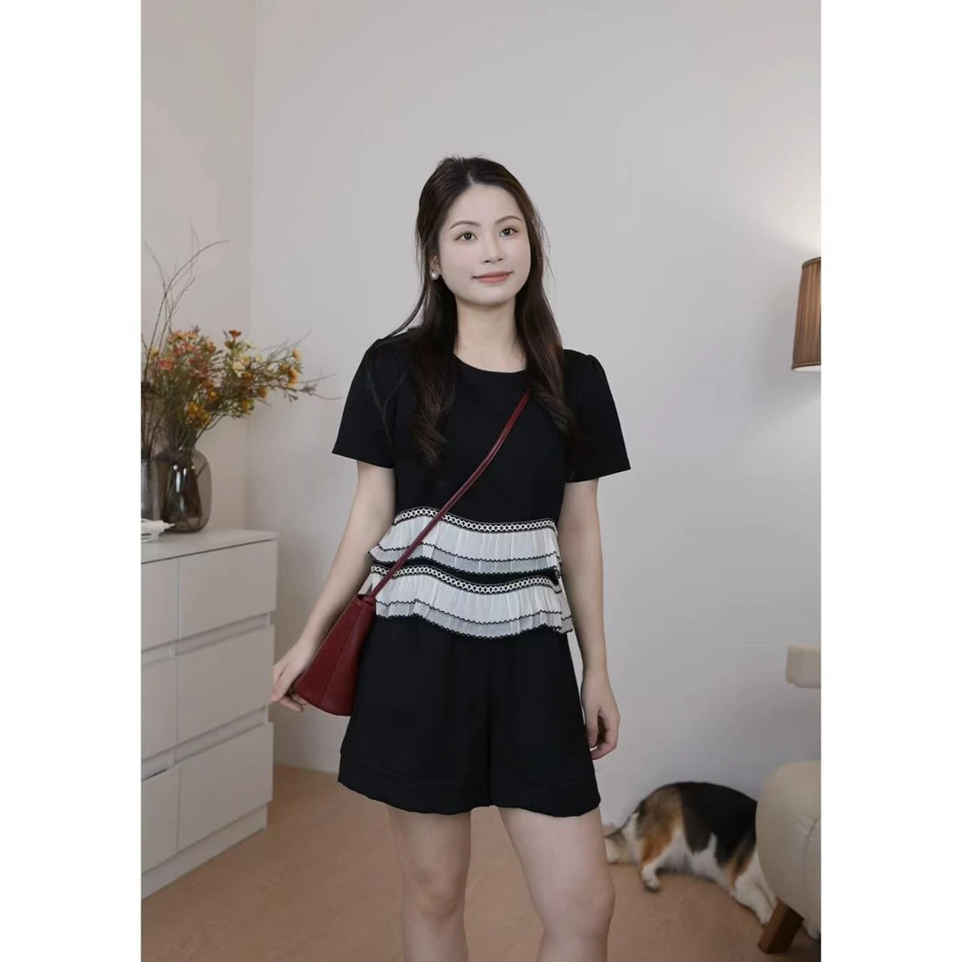 小个子法式气质上衣白色圆领短袖百搭宽松黑色小众小香风显瘦减龄