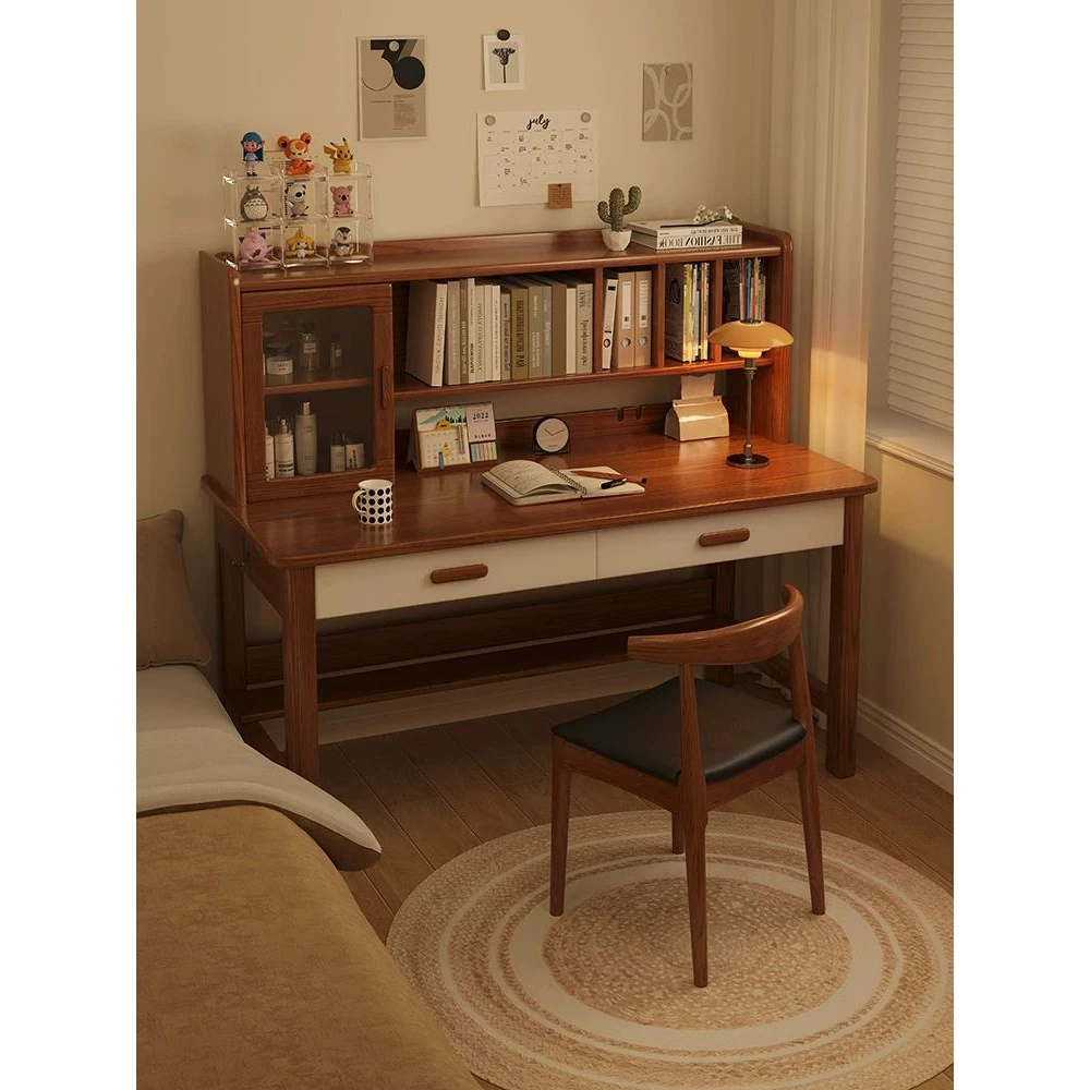实木书桌书架一体简约家用学生写字桌卧室现代学习桌多功女孩台式