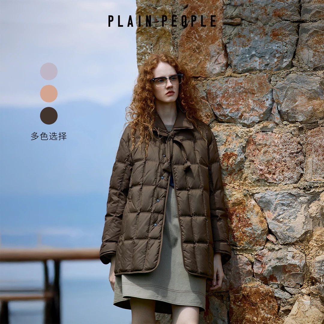PLAIN PEOPLE巴恩风复古90鸭绒中长款蝴蝶结绑带羽绒服25冬季新款