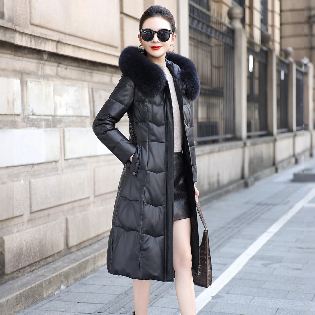 头层绵羊皮羽绒服女中长款收腰显瘦狐狸毛领连帽鹅绒真皮皮衣外套