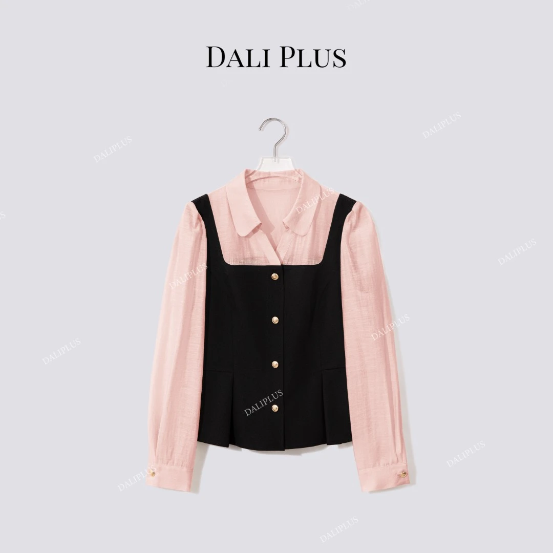 DALI PLUS“粉黑马甲衬衫”假两件醋酸天丝排扣长袖衬衫-D5SS7276-1