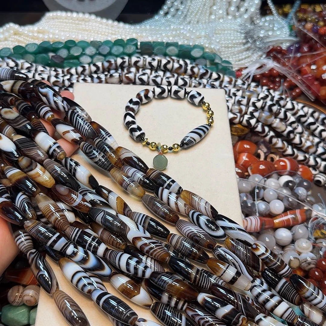 玛瑙/玉髓合金珠宝半成品10✖️30mm千层黑咖天珠一条