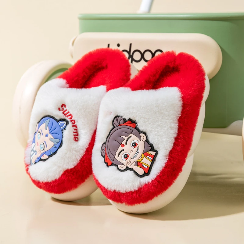 儿童棉拖鞋卡通哪吒敖丙男童居家室内女童软底防滑宝宝毛毛拖鞋冬