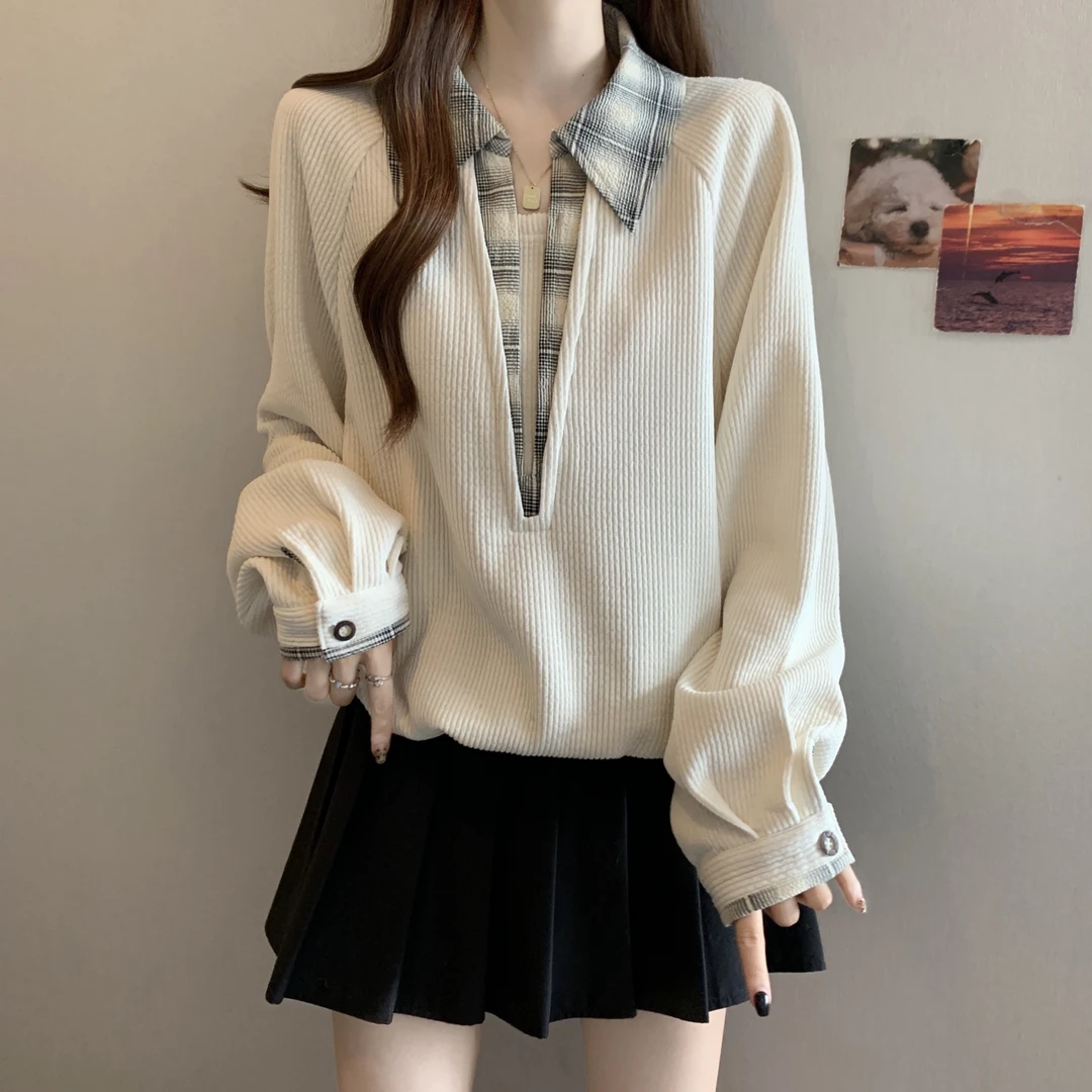 大码假两件POLO领格子拼接卫衣女秋冬微胖MM显瘦百搭洋气抽绳上衣