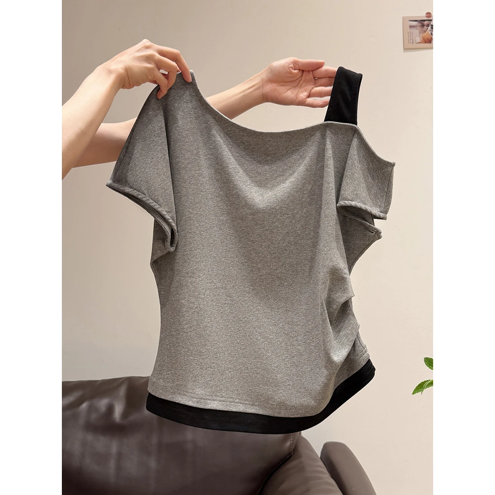 时尚辣妹斜肩假两件短袖t恤女2025夏季新款气质显瘦宽松气质上衣