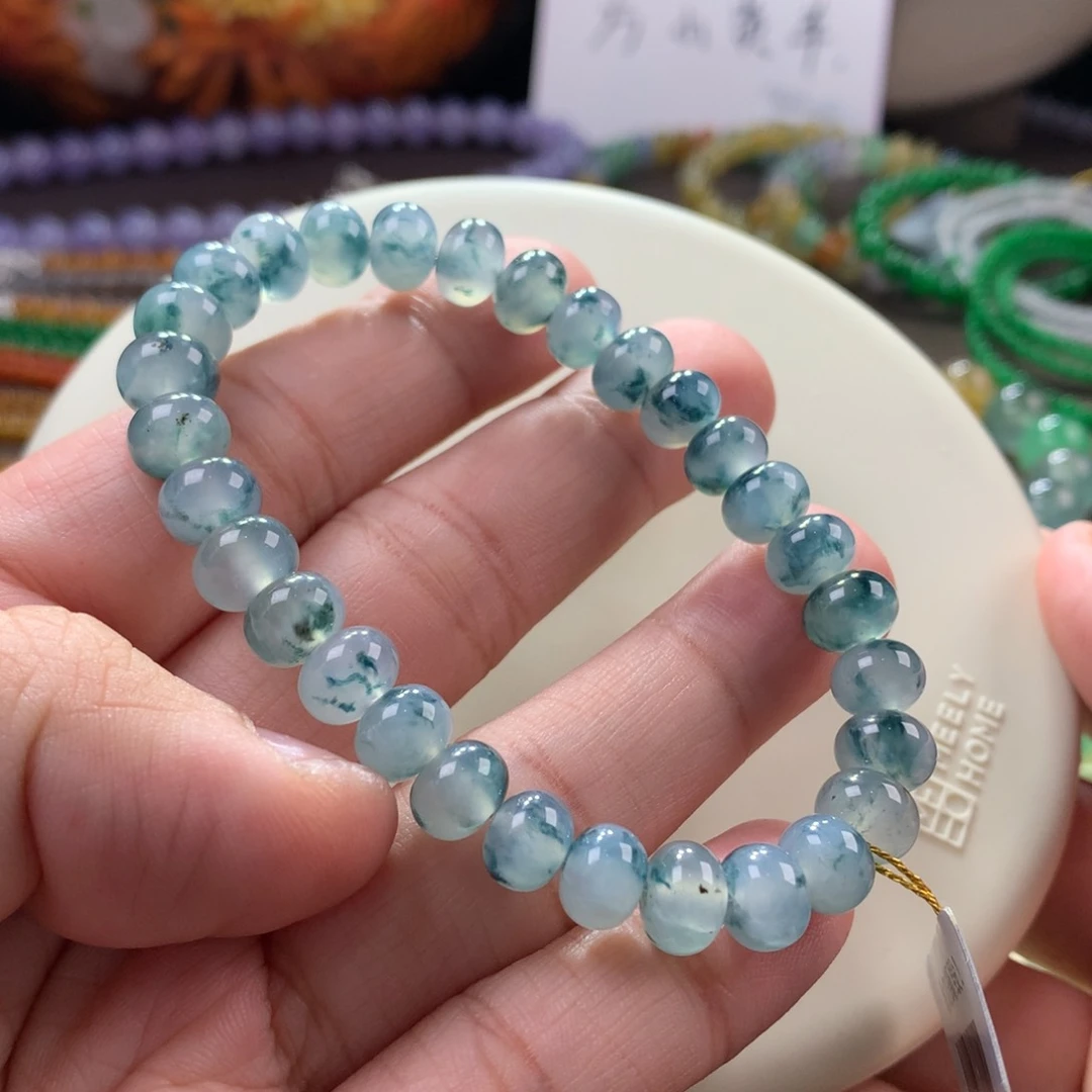 翡翠手链未镶嵌冰蓝底飘蓝花鼓珠手串