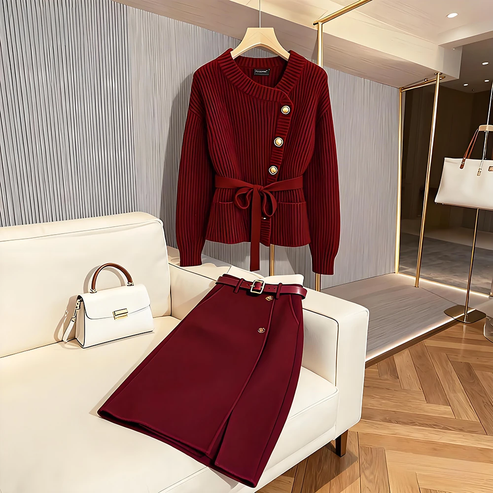 2025秋冬新款高级感气质超好看红色毛衣外套a字直筒半身裙套装女