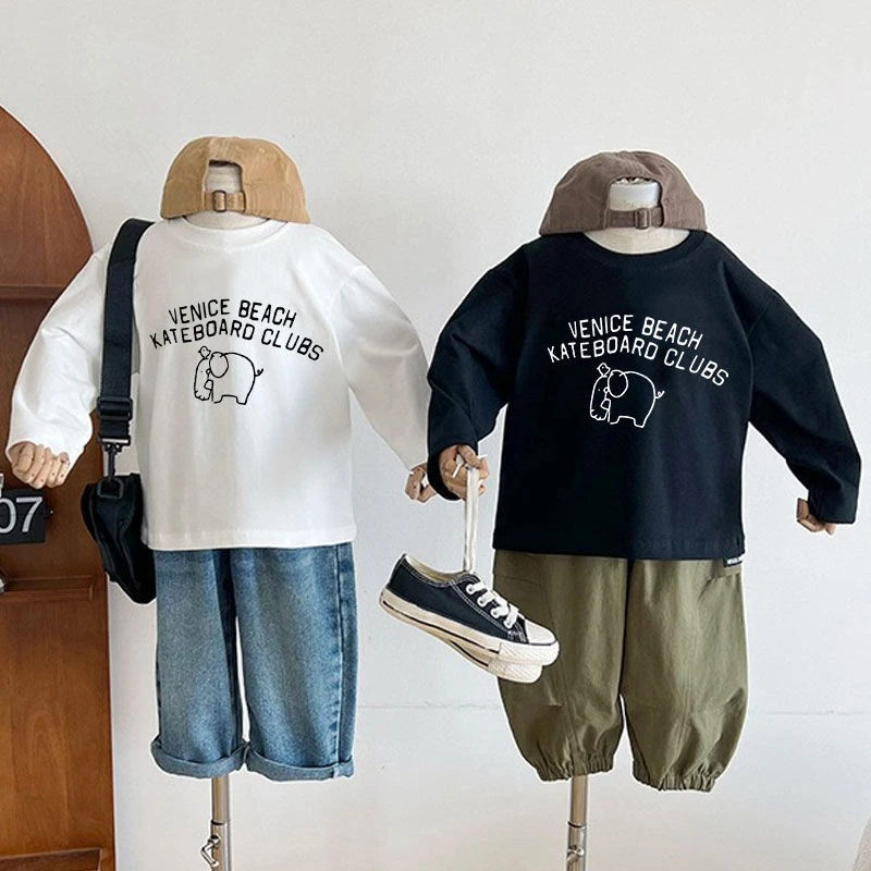 100%纯棉儿童打底衫2025春秋款新款韩版男女童纯色圆领长袖T恤潮