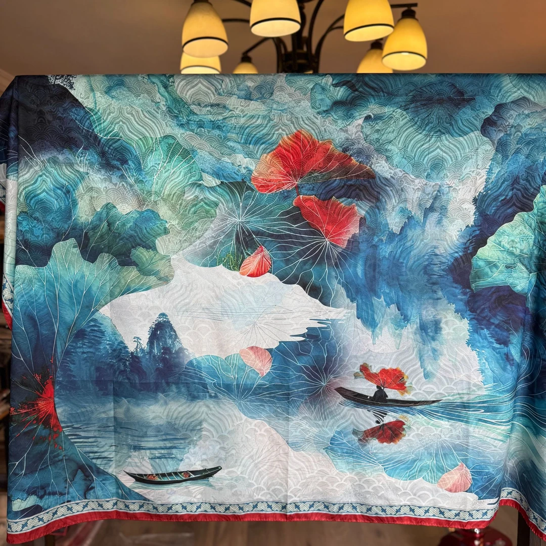 【A80-33 荷香莲影】140*140龙鳞纹双面丝巾古风礼物中式披肩