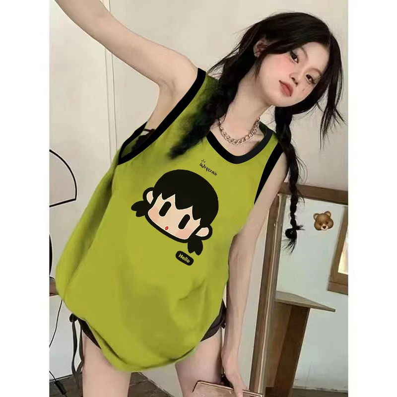 牛油果绿色纯棉无袖背心上衣女ins宽松百搭显白设计感撞色t恤女装