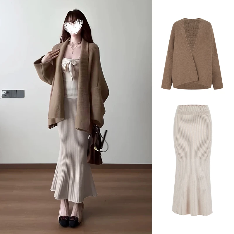 Moses Queen/魔西女王法式慵懒风针织开衫宽松外套秋冬鱼尾包臀裙