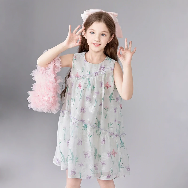 笛莎童装无袖连衣裙25新款洋气中大童女孩雪纺印花裙女童夏季