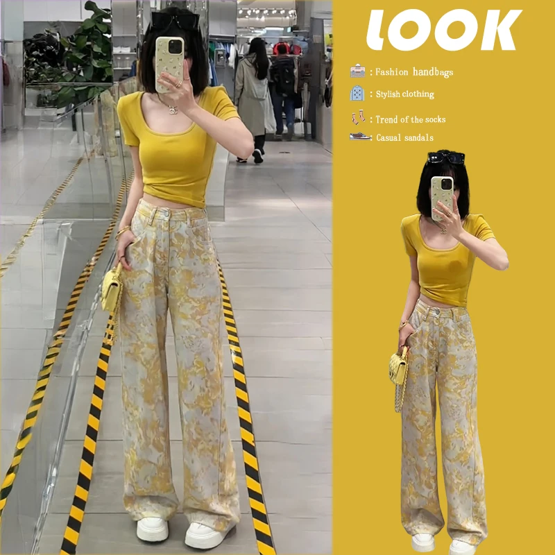 2025夏季新款女装韩系设计感短袖T恤上衣高腰显瘦阔腿裤两件套