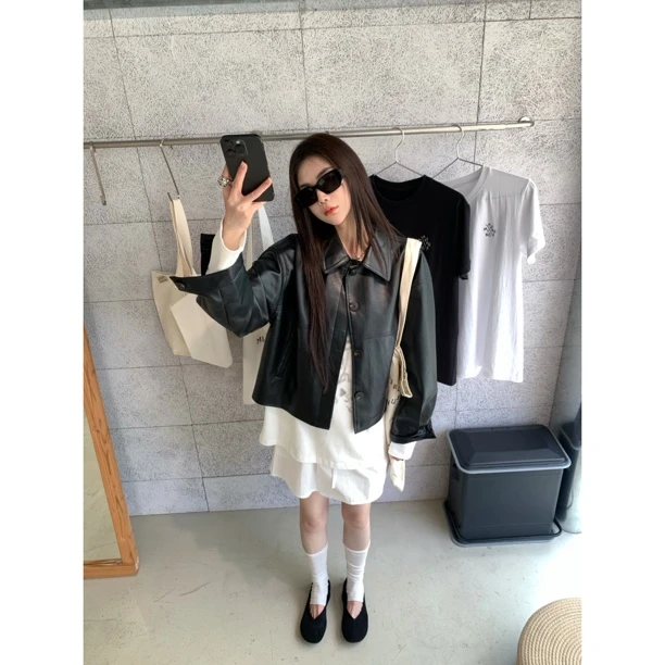 【赵小小&黑皮革手册】7002 秋季黑色宽松短款小个子皮夹克皮衣外套