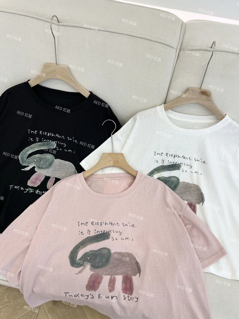 轻薄透气~新款女士短宽松雪花棉卡通图案休闲韩版短袖T恤88302