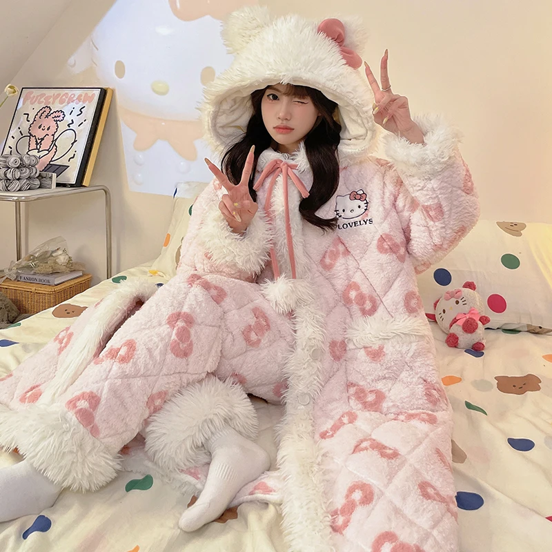 2024女士冬款珊瑚绒睡衣套装大码加厚加绒三层夹棉冬天连帽可外穿