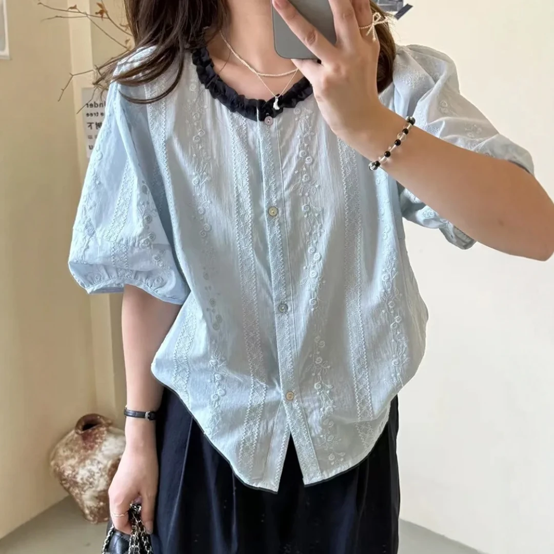 设计感花边拼接短袖衬衫女2025夏新款时尚洋气减龄超好看薄款小衫
