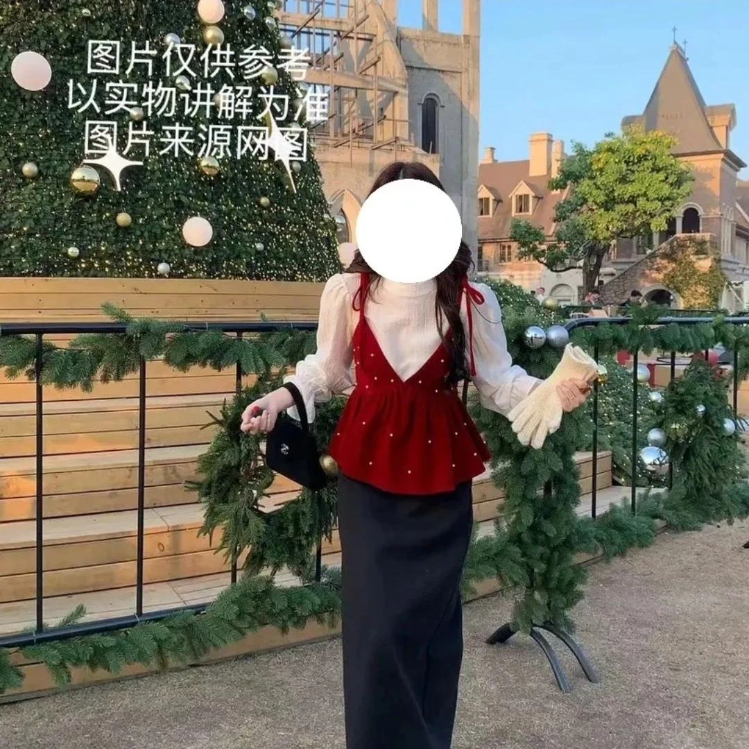 限定韩系氛围感珍珠v领丝绒吊带系带衬衫上衣半身裙显瘦三件套