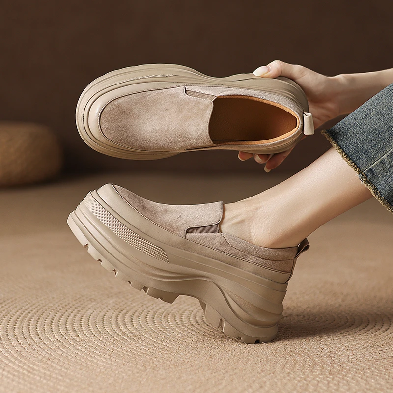 【星小晨】7.5厘米/牛皮/厚底单鞋圆头松糕鞋增高一脚蹬懒人鞋1630