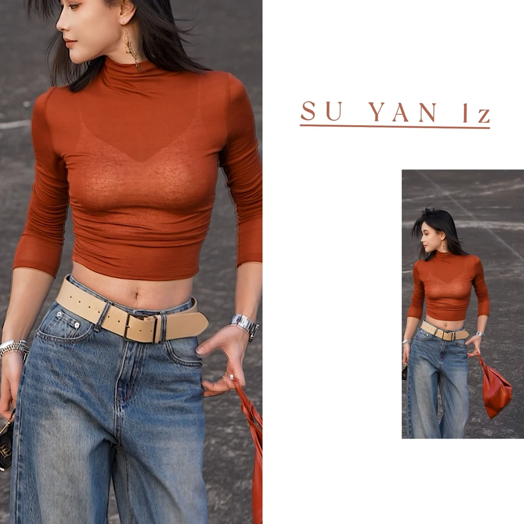 智嫣女装 原创显瘦百搭春夏束腰抗皱高弹性天丝亚麻高领T恤 TX001