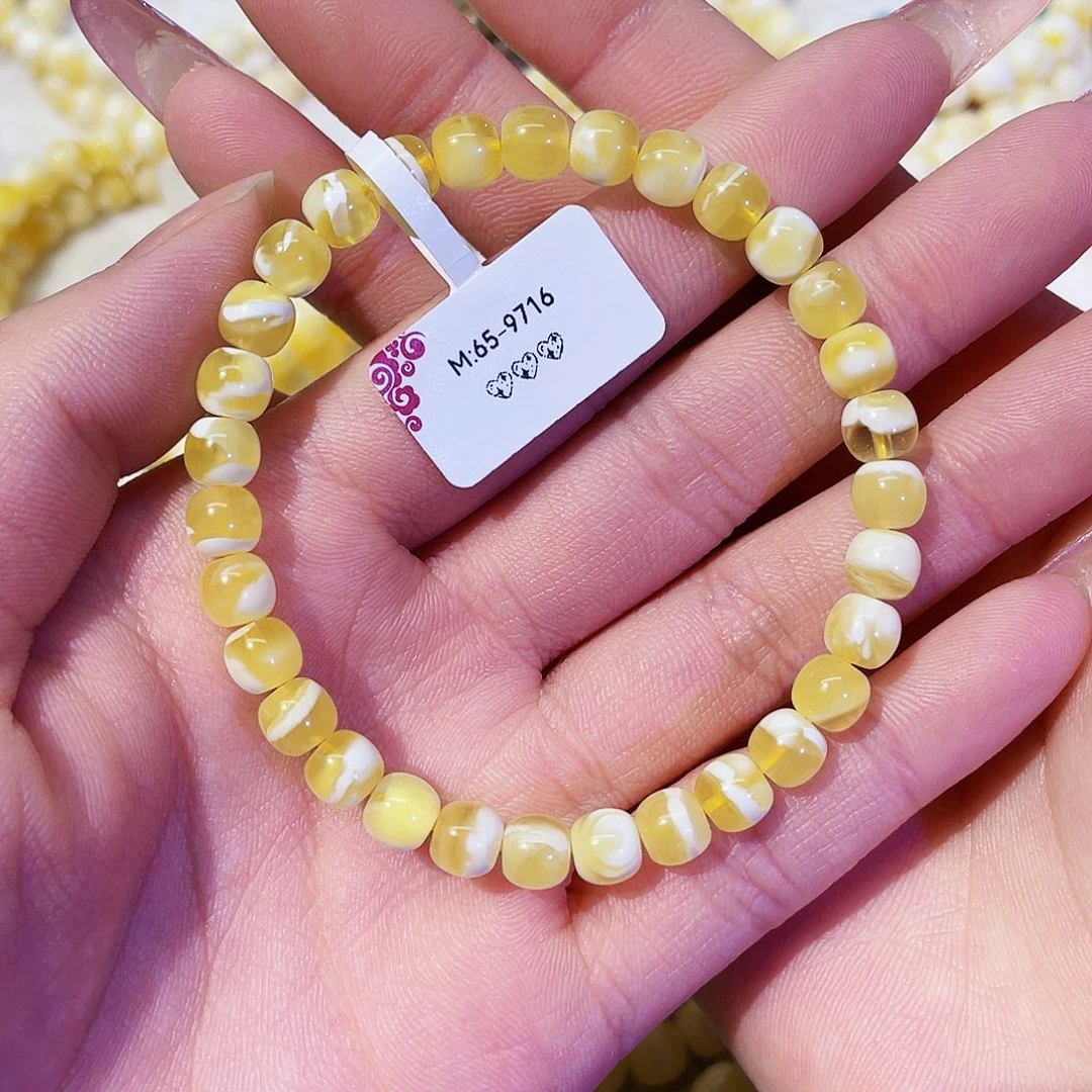 蜜蜡未镶嵌手串6.5mm 玻璃金底瓷白拉丝溶洞