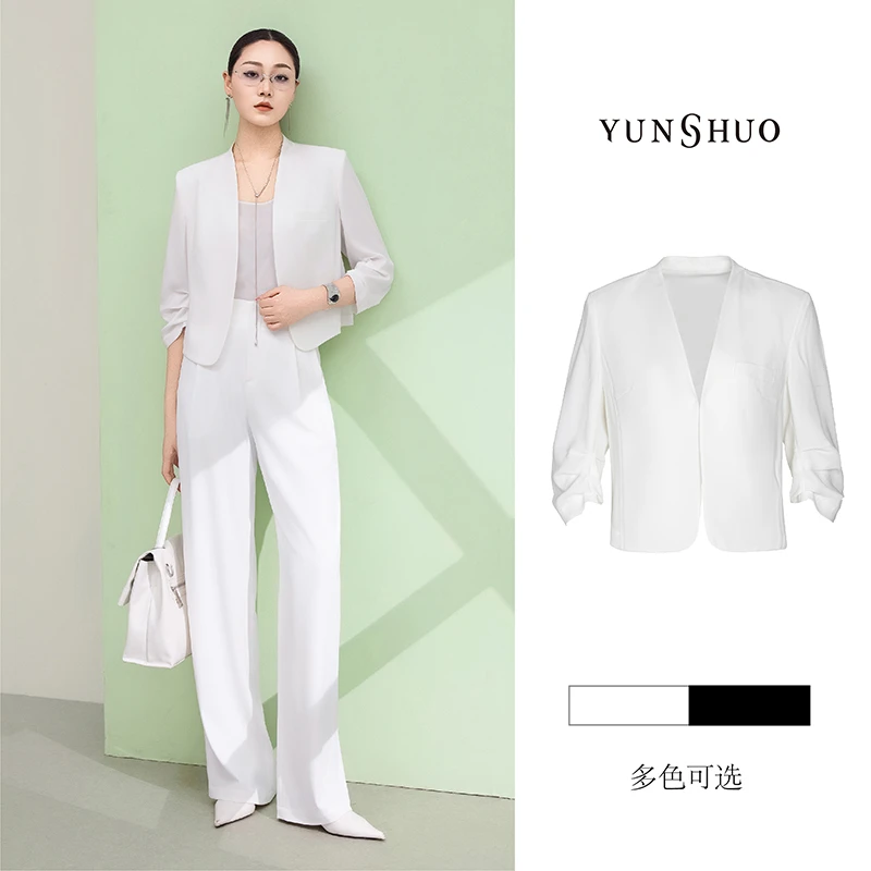 允硕新品女装V领中袖百搭简约气质黑色西装西服外套445150