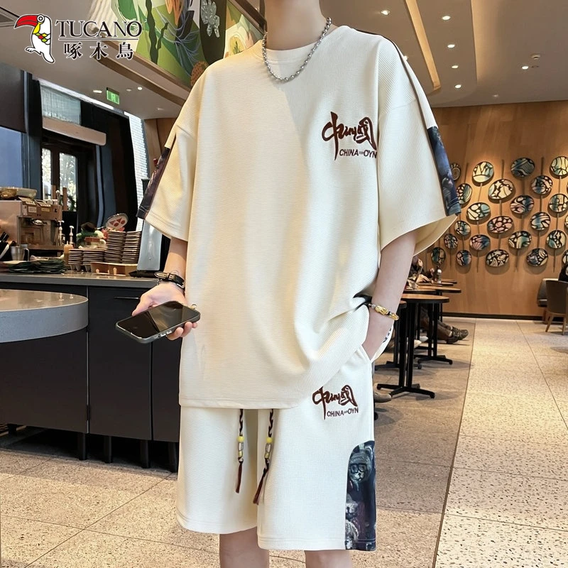 啄木鸟夏季国风刺绣透气T恤套装男士新款时尚薄款短袖短裤两件套