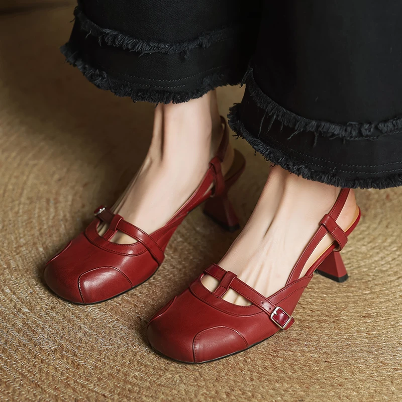 7厘米真皮包头高跟凉鞋复古风夏季罗马凉鞋浅口百搭法式优雅时尚