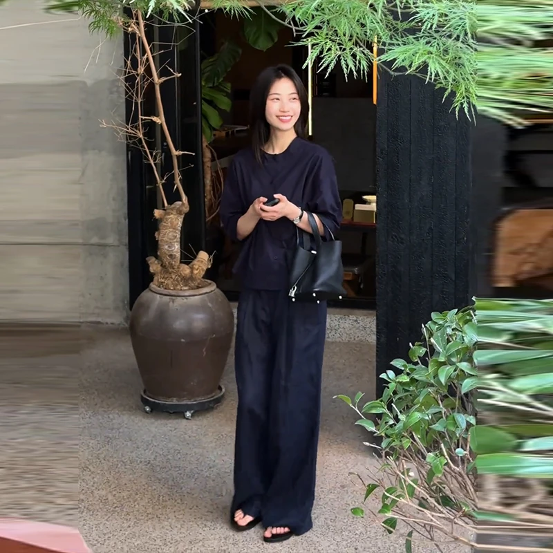 法式高级感藏蓝色薄款七分袖衬衫女2025夏新款宽松阔腿长裤两件套