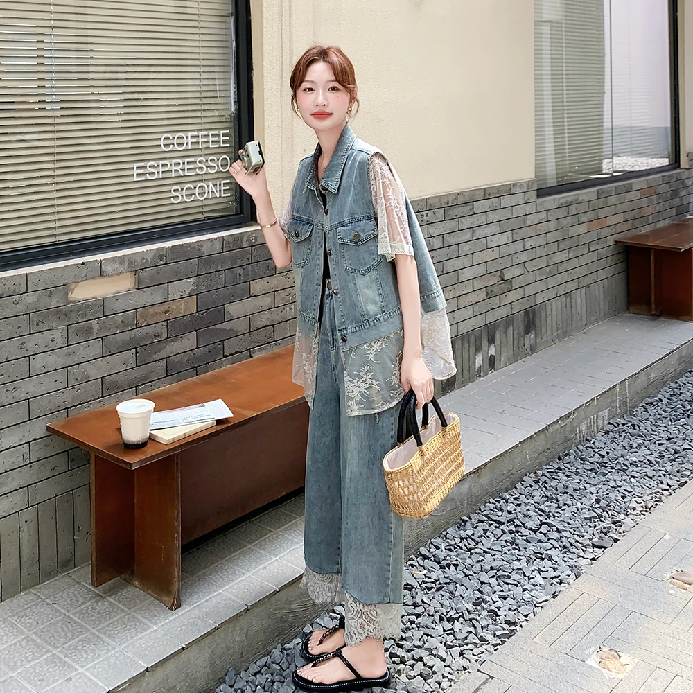 2025夏季新款时尚气质蕾丝拼接牛仔马甲女宽松显瘦阔腿裤两件套