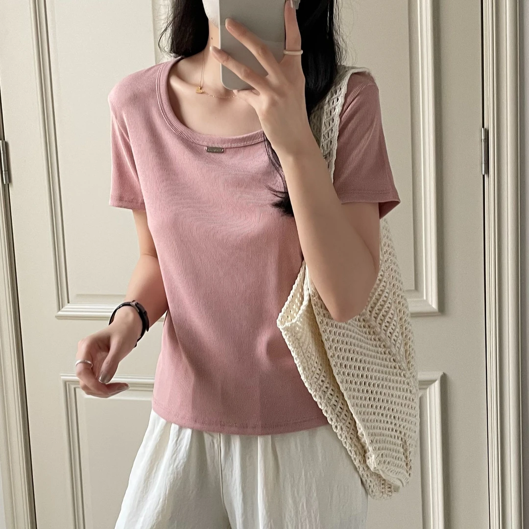 「莱塞尔天丝 显瘦小方领」正肩短袖T恤 夏季韩版薄款凉感半袖T127