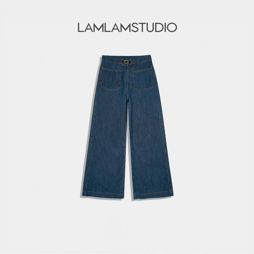 “RL牛仔”拉扣设计高腰直筒百搭九分阔腿牛仔 张一琳 L255607K