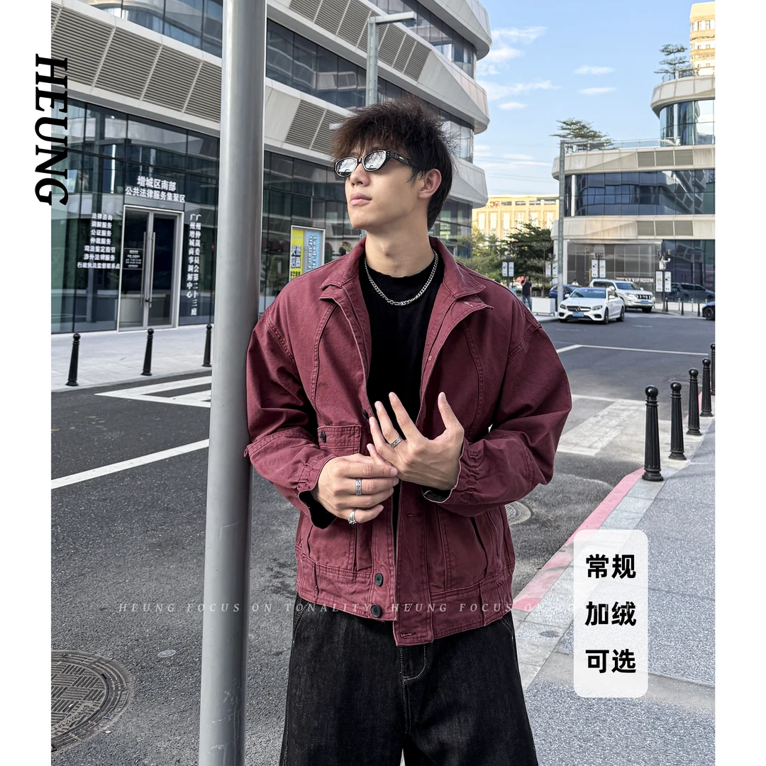 HEUNG 秋冬新款复古重磅全棉水洗外套宽松简约加绒美式哈灵顿夹克