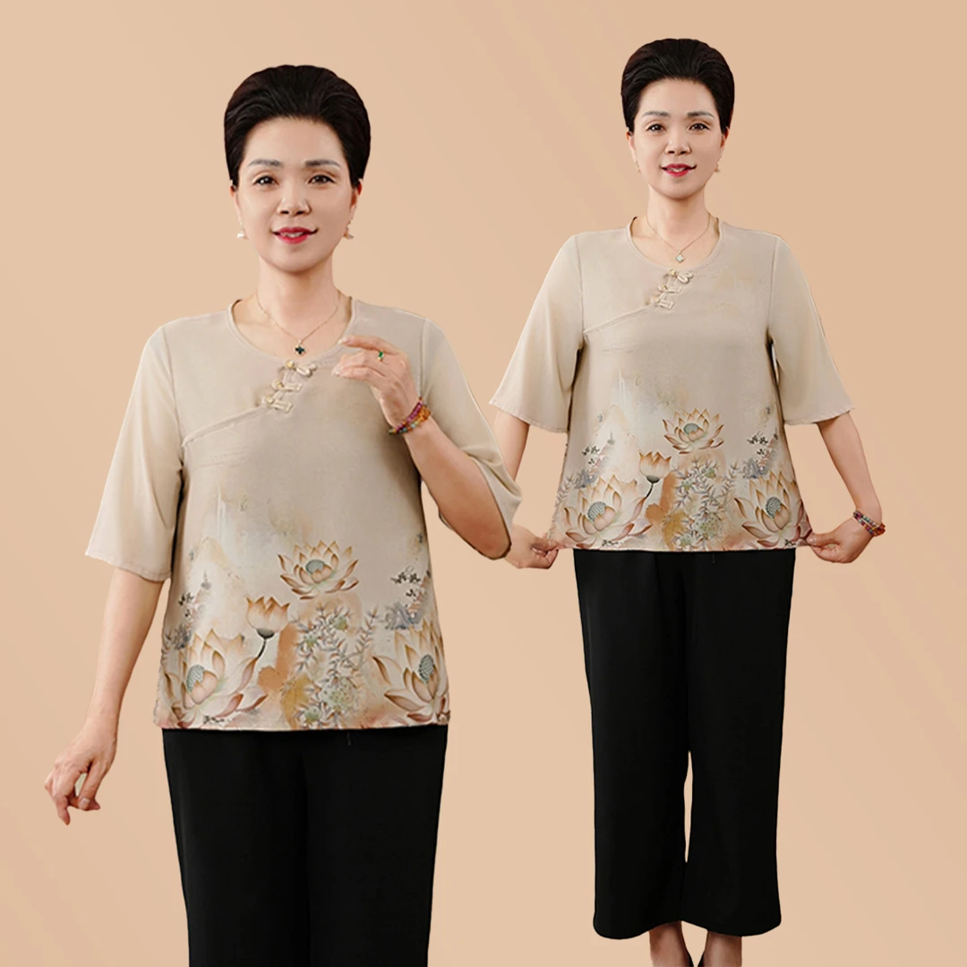 夏季新中式改良领五分袖九分裤印花两件套加肥加大码妈妈装套装女